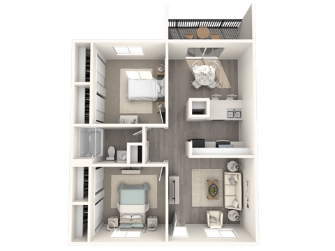 Floor plan for 2 beds, 1 bath, 849 sqft